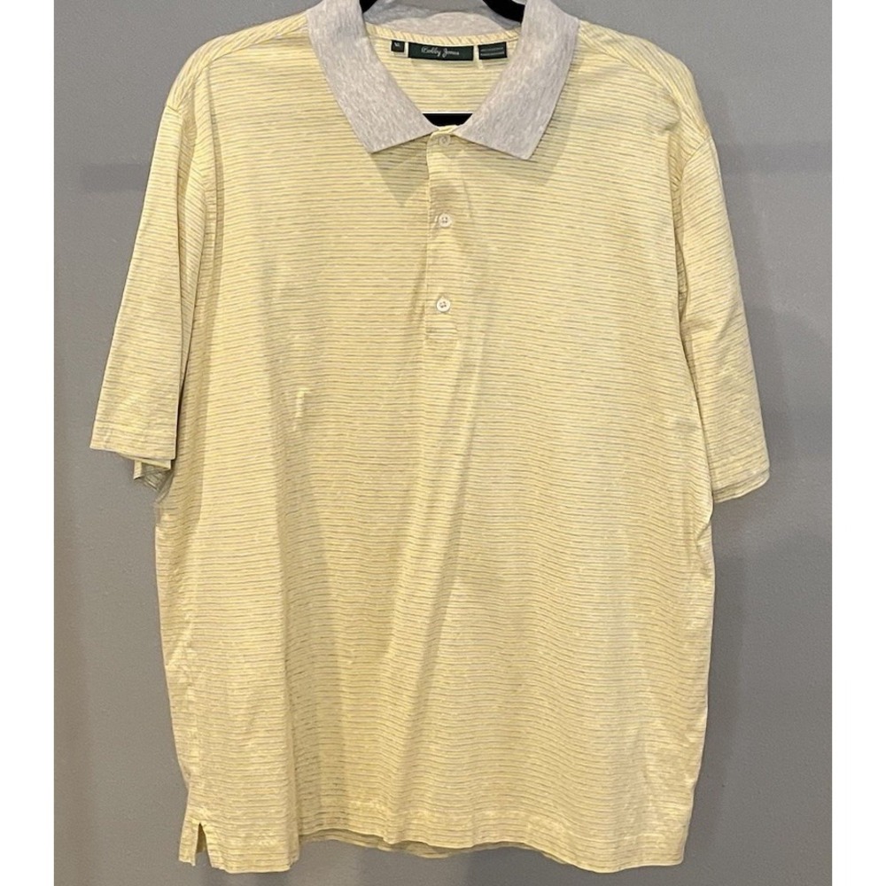BOBBY JONES XL Golf Shirt - Yellow Striped Performance Polo with Gray‎ Collar